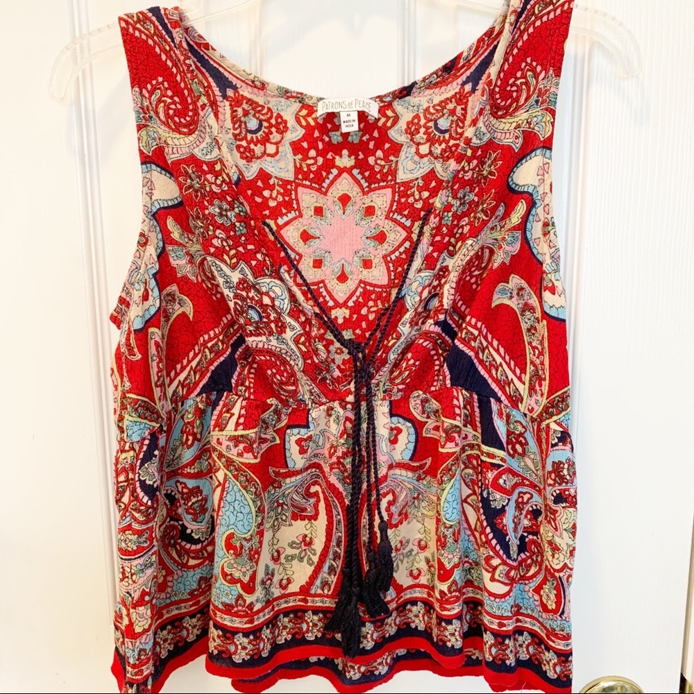 Patrons of Peace Red Boho Paisley V Neck Tank M